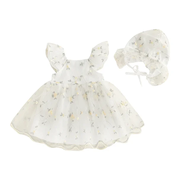 Flutter Sleeve Tulle Dress & Hat
