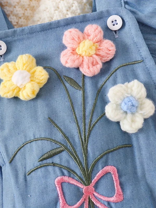 Flower Denim Overall & Bow Set