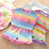 Lace Top & Striped Shorts Set