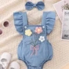 Flower Denim Overall & Bow Set