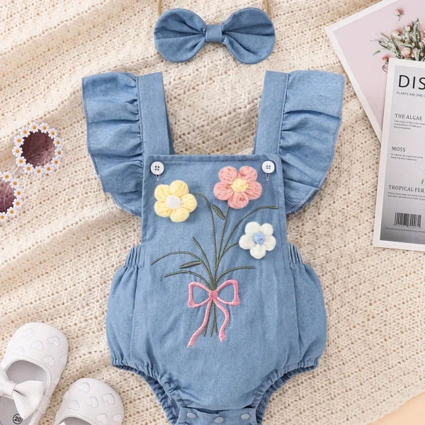 Flower Denim Overall & Bow Set