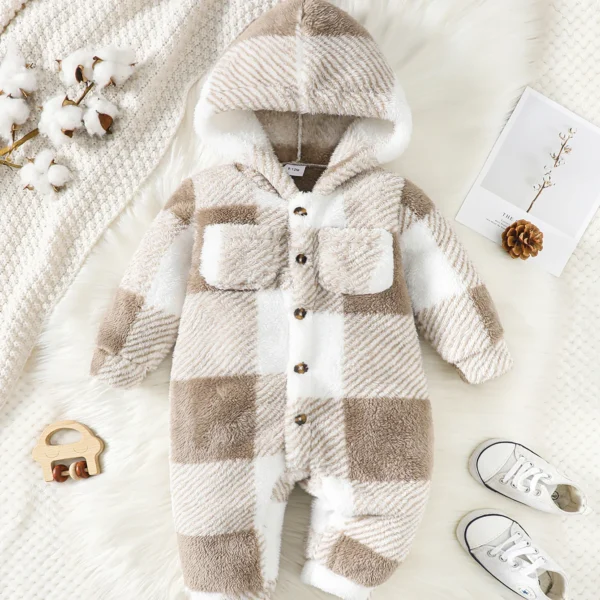 Plaid Hooded Plush Jumpsuit