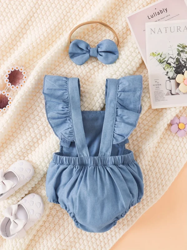 Flower Denim Overall & Bow Set